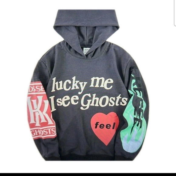 Doncare Mens Gray Lucky I See Ghosts Kids See Ghosts West Rapper Hoodie L - Picture 1 of 11